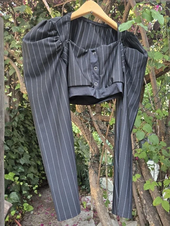 Vintage Black Pinstripe Crop Top & Wide-Leg Pant Set Xxs Xs - Picture 2 of 16